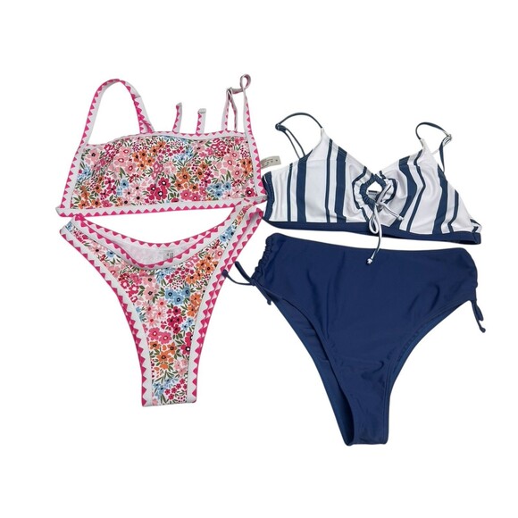 Shein Two Piece Bikinis Size M Spaghetti Straps Blue/White & White Floral Lot - Picture 1 of 13